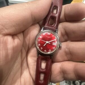 Works Vintage Timex Sports Red Watch Manual Wind 25mm Date Leather Band Fit 6.5"